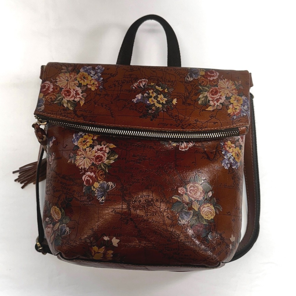 Patricia Nash “Luzille” Bag:  Cognac Leather w/ Map & Floral Print